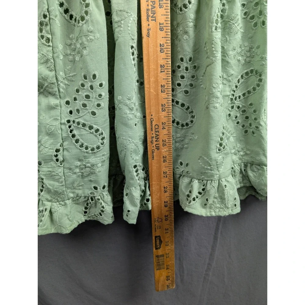 Seni & Cade Green Eyelet Lace Mini Dress Medium Sage Ruffle Tie Neck